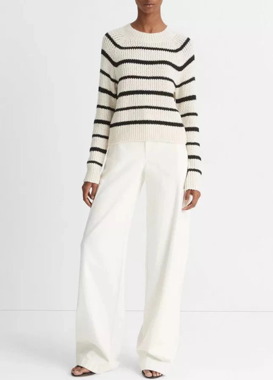 Vince Ribbed Stripe Pullover Sweater in Pampas Black - Classic Knit Top for Women