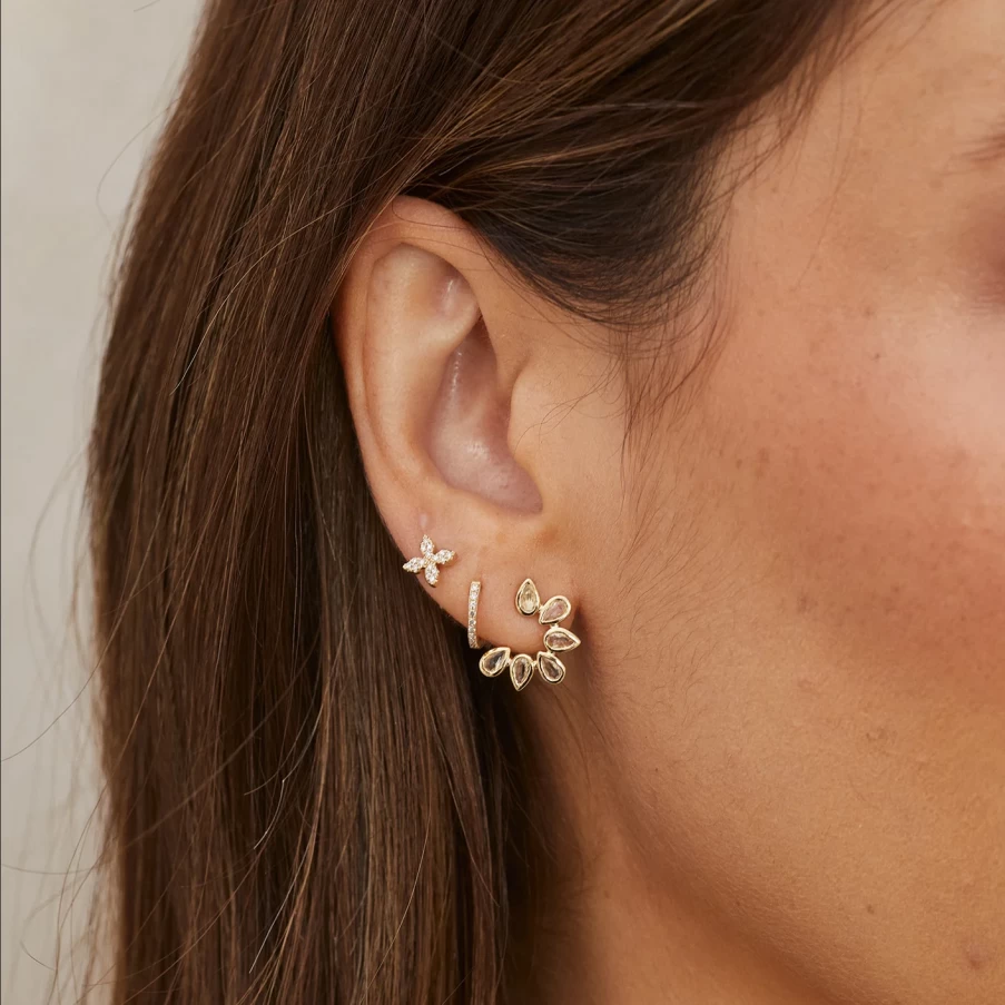 EF Collection Yellow Gold Diamond Blossom Stud Earrings Single Flower Design