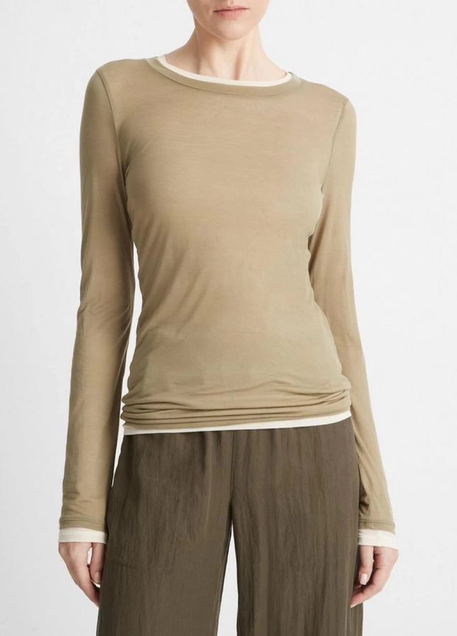 Vince Women's Double Layer Long Sleeve Artichoke Green Top
