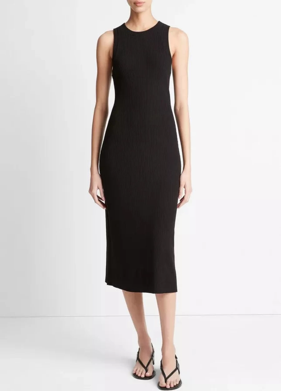 Vince Ribbed High Neck Tank Dress - Slim Fit Stretch Knit Midi Dress for Women
