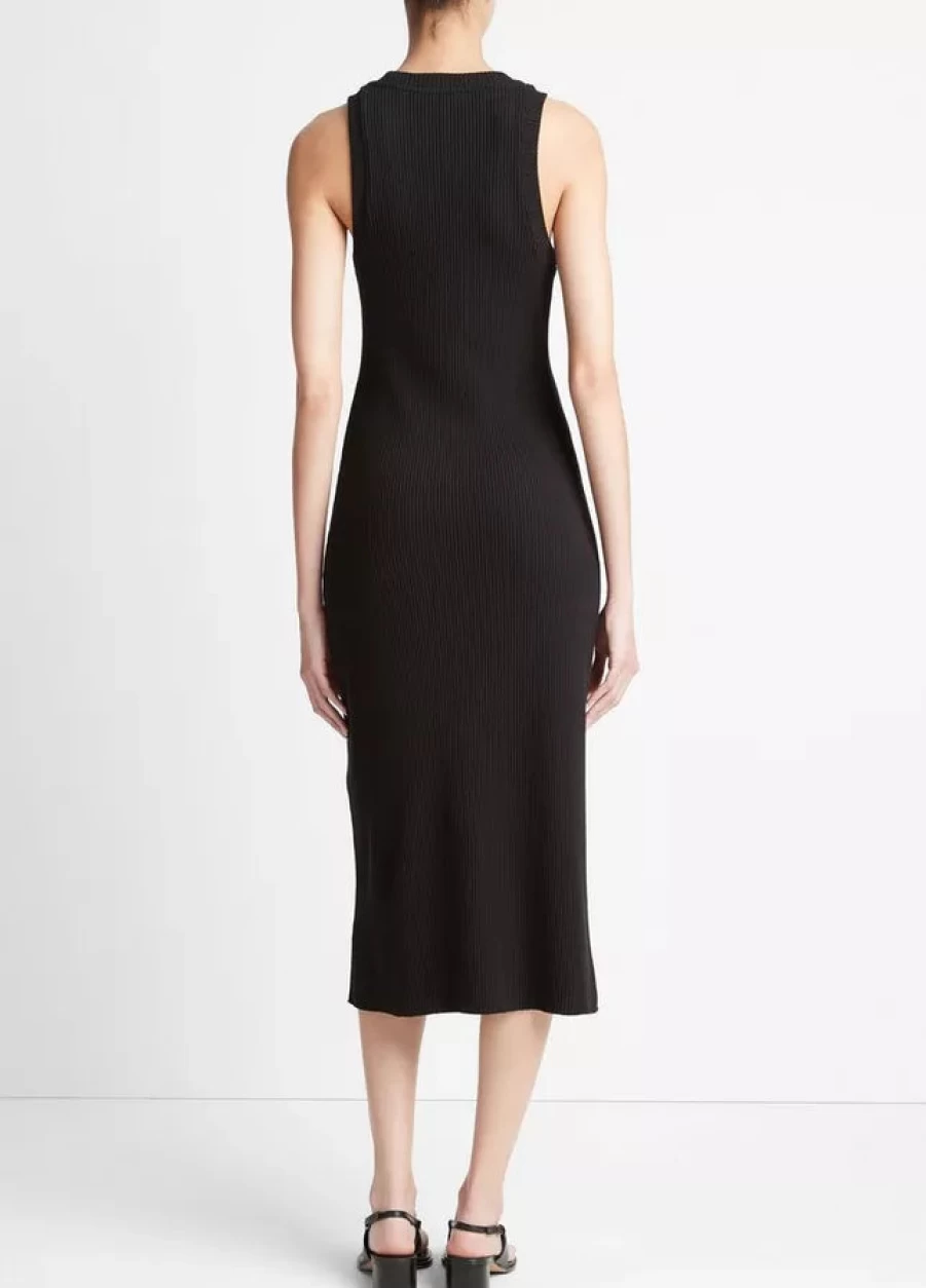 Vince Ribbed High Neck Tank Dress - Slim Fit Stretch Knit Midi Dress for Women