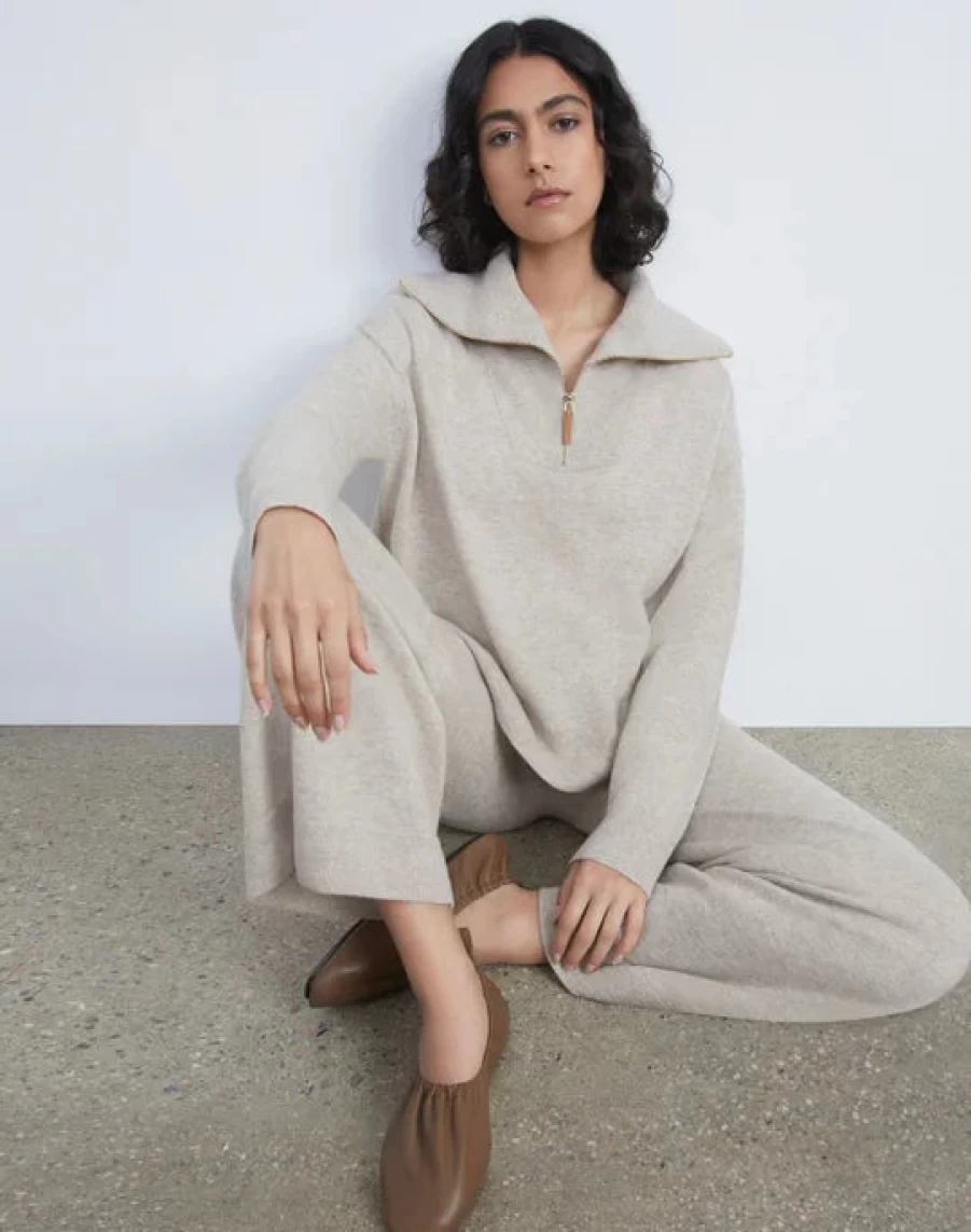 Lafayette 148 New York Oatmeal Melange Half Zip Collar Sweater for Women