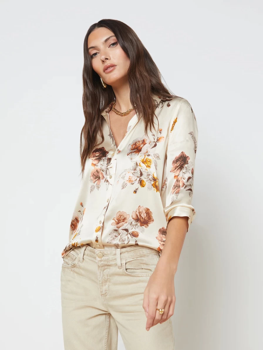 L'Agence Dani 3/4 Sleeve Shirt in Buff Multi Tonal Rose Floral Print