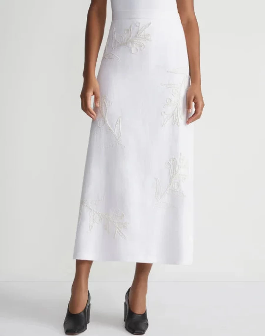Lafayette 148 New York White Eco Flora Embroidered Midi Skirt
