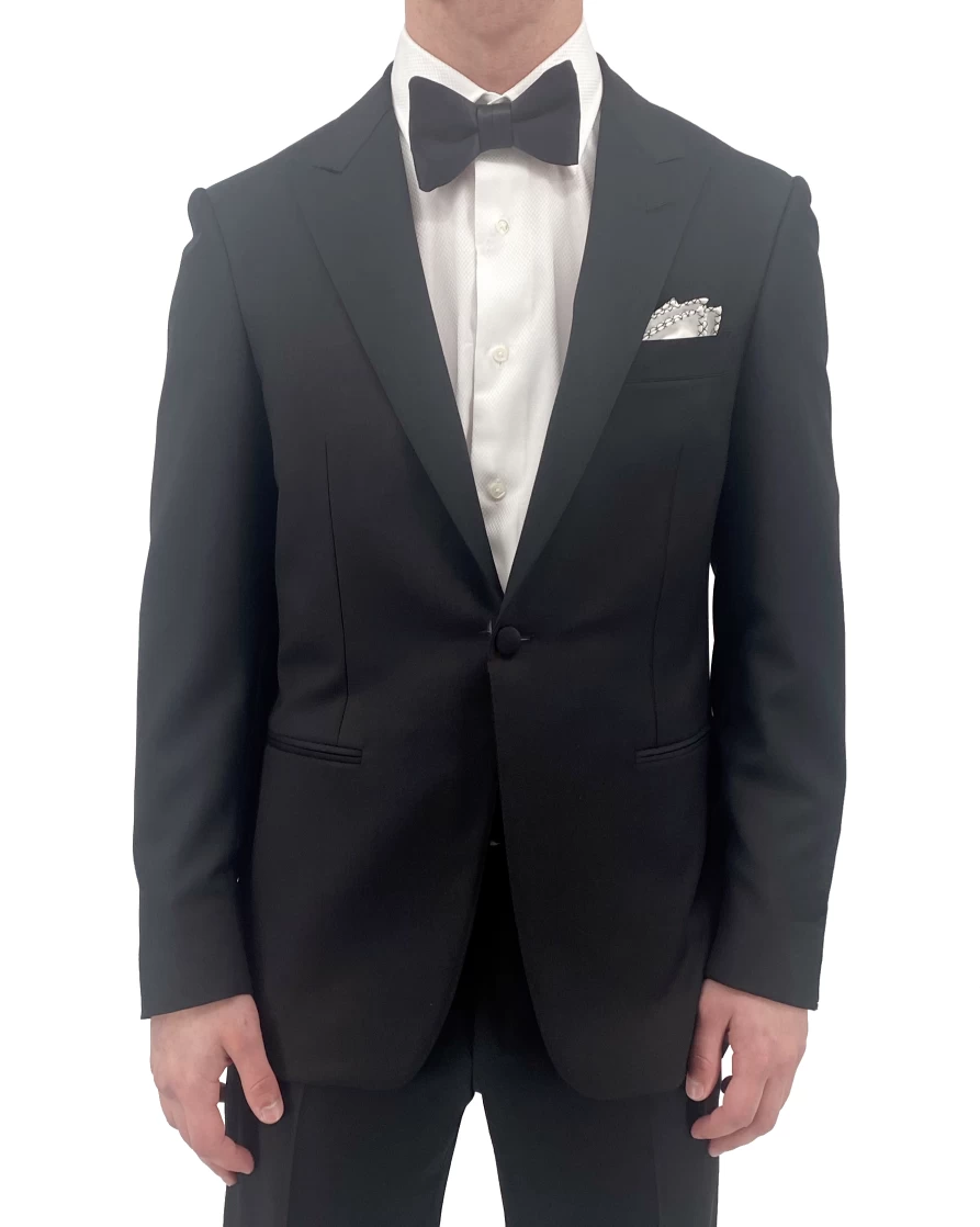 Canali Black Peak Wool Tuxedo Suit with Peak Lapel for Formal Wear