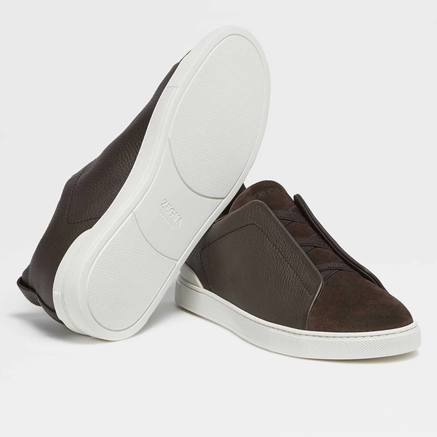 Zegna Triple Stitch Premium Leather Sneakers - Handcrafted Grain Texture Men's Luxury Shoes