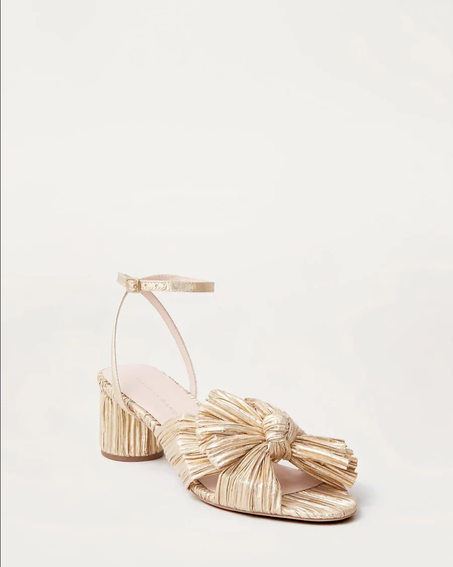 Loeffler Randall Dahlia Pleated Bow Heel in Gold - Elegant Women's Dress Sandals