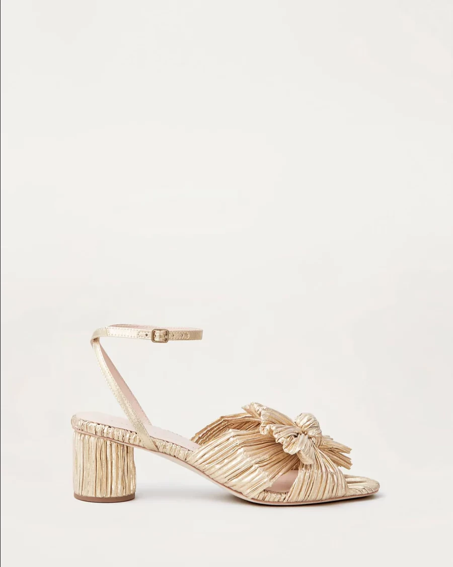Loeffler Randall Dahlia Pleated Bow Heel in Gold - Elegant Women's Dress Sandals