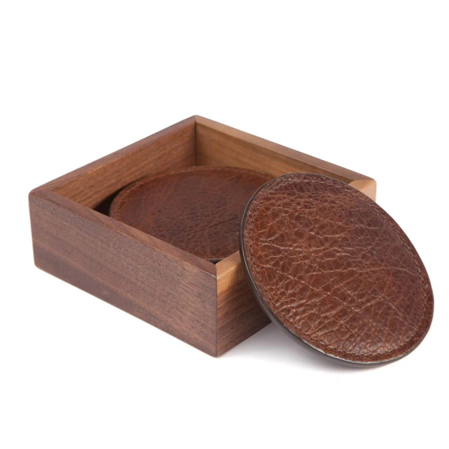 Moore & Giles Genuine Leather Coasters Set in Premium Walnut Gift Box