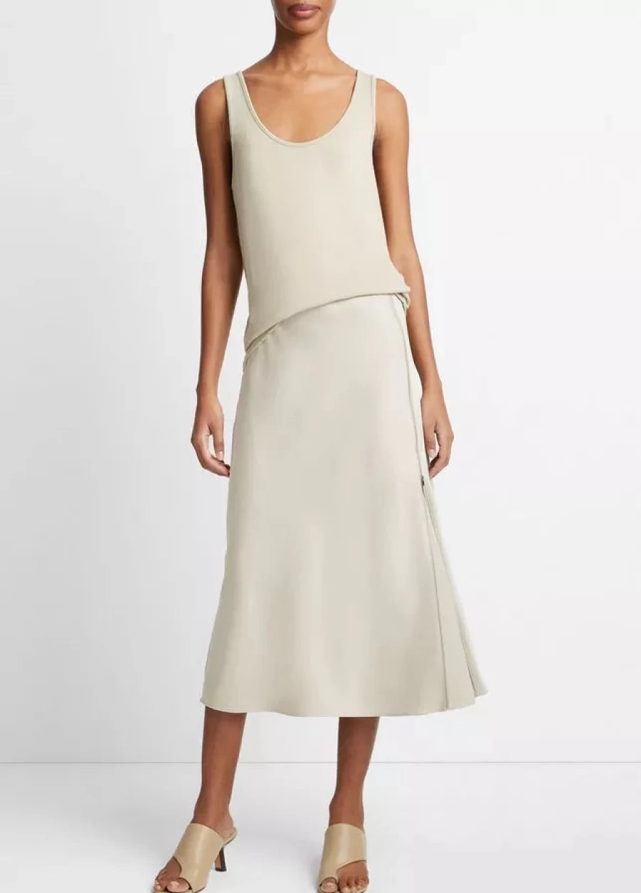 Vince Light Sepia Side Zipper Slip Skirt - Women's Stretchy High Waist Midi Skirt with Side Zipper