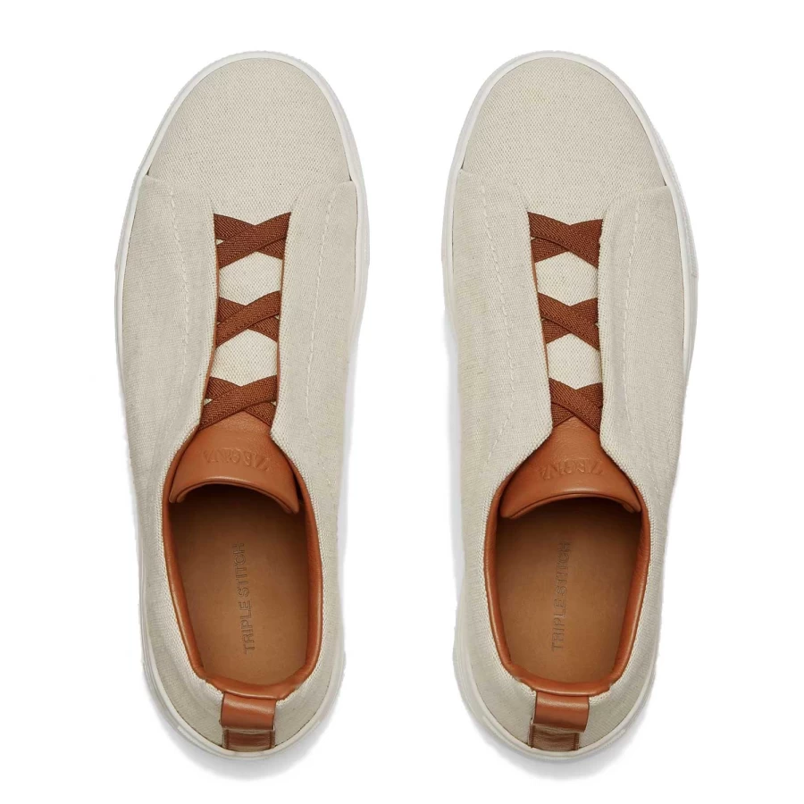 Zegna Beige Triple Stitch Canvas Sneakers for Men - Classic Comfortable Casual Shoes