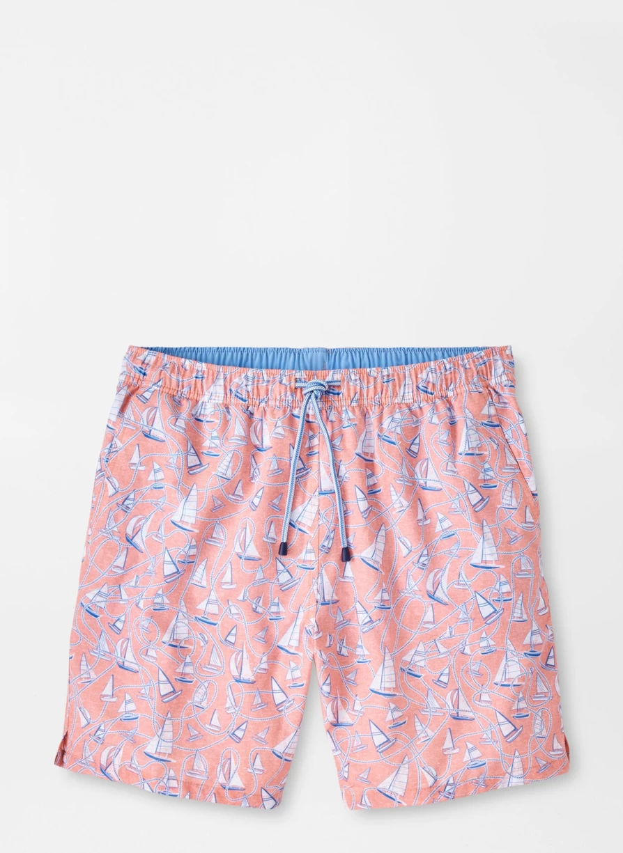 Peter Millar Peach Bloom Swim Trunks - Boats and Ropes Design Quick-Dry Men's Shorts