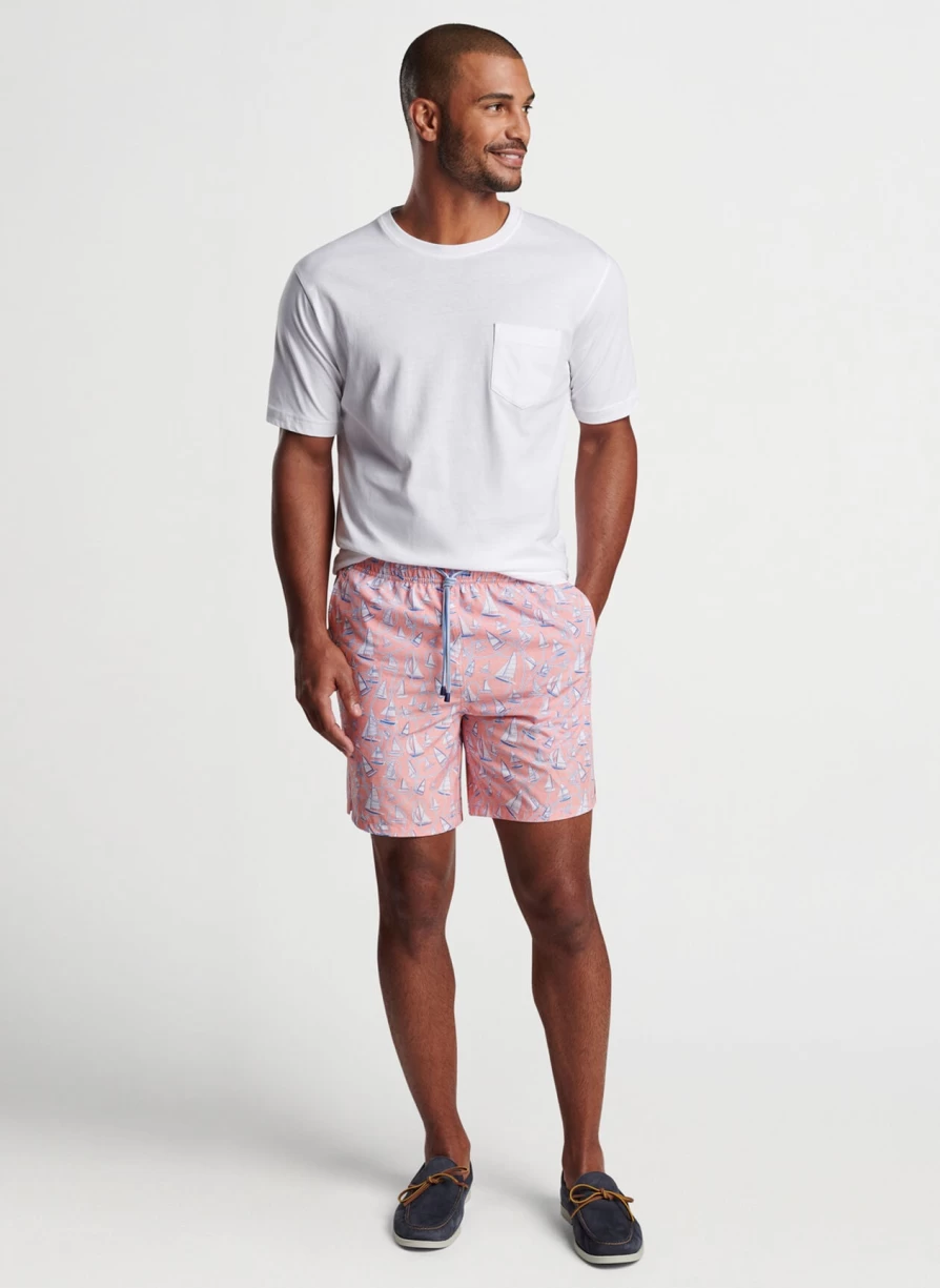 Peter Millar Peach Bloom Swim Trunks - Boats and Ropes Design Quick-Dry Men's Shorts