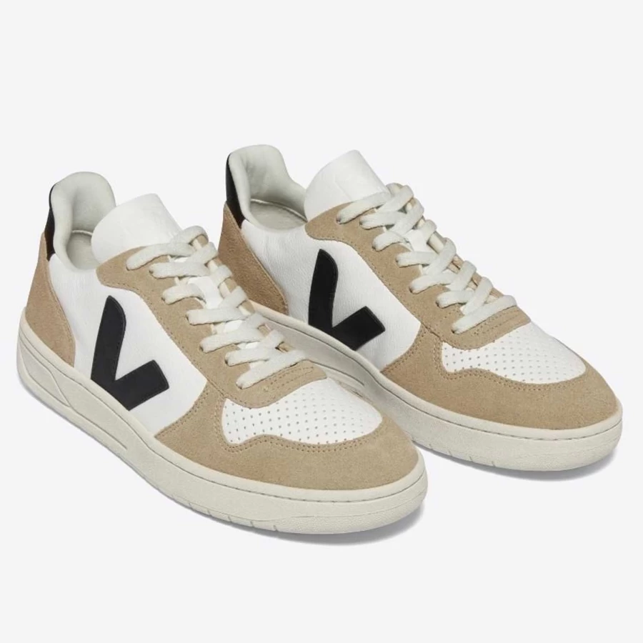 Veja Men's V-10 White Black Sahara Chromefree Leather Sneakers - Eco-Friendly Vegan Shoes