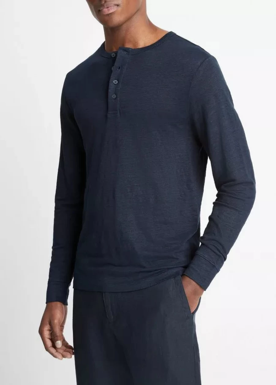 Vince Men's Linen Long Sleeve Henley Shirt - Breathable Casual Button-Up Top