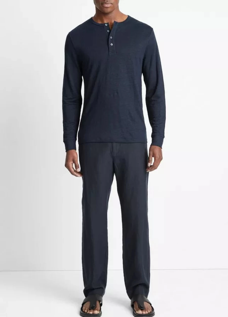Vince Men's Linen Long Sleeve Henley Shirt - Breathable Casual Button-Up Top