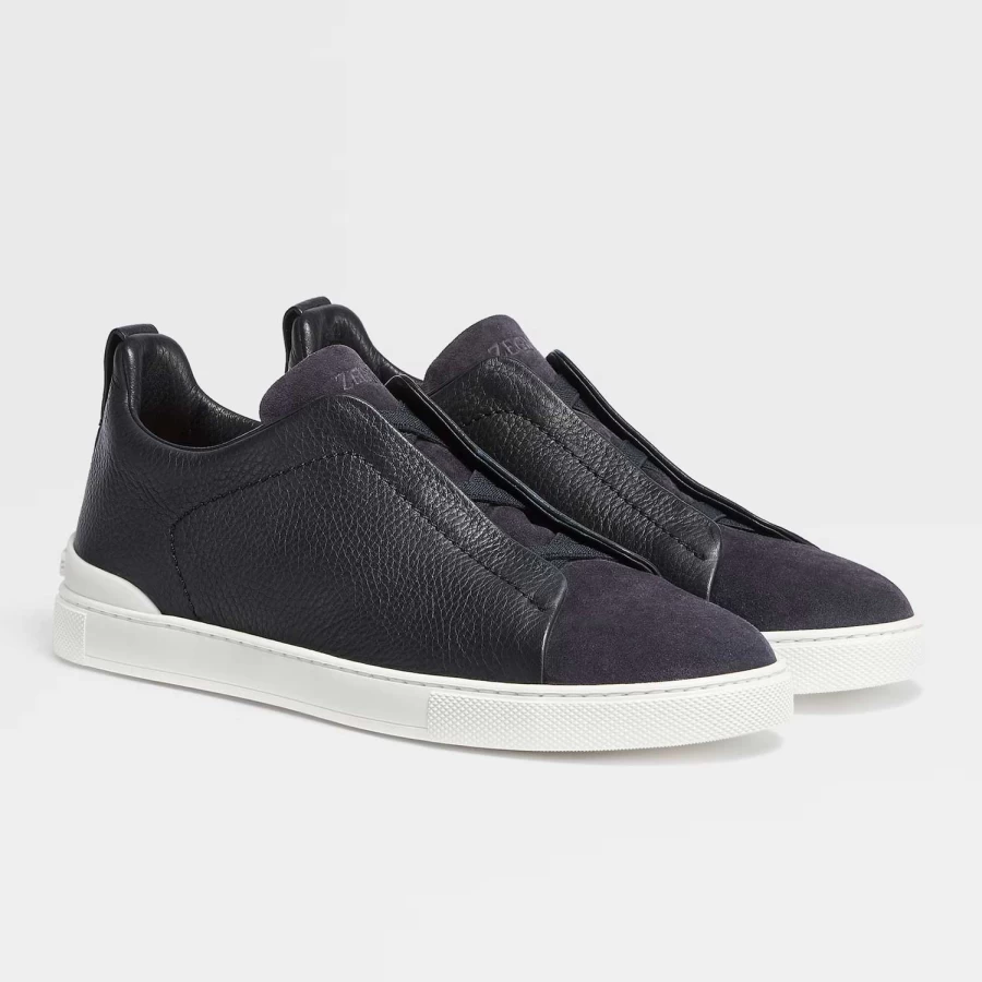 Zegna Triple Stitch Premium Leather Sneakers for Men - Handcrafted Grain Texture Casual Shoes