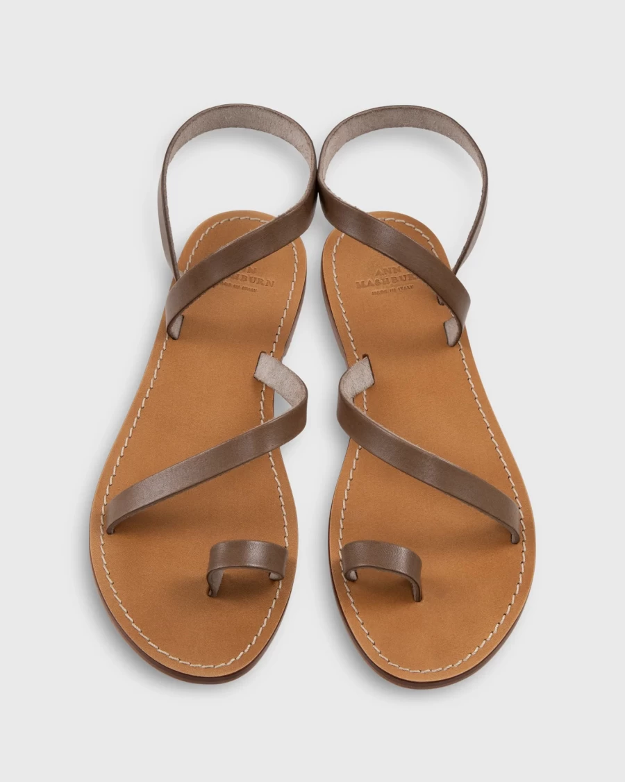 Ann Mashburn Taupe Leather Diagonal Strap Sandal – Women's Comfortable Chic Footwear