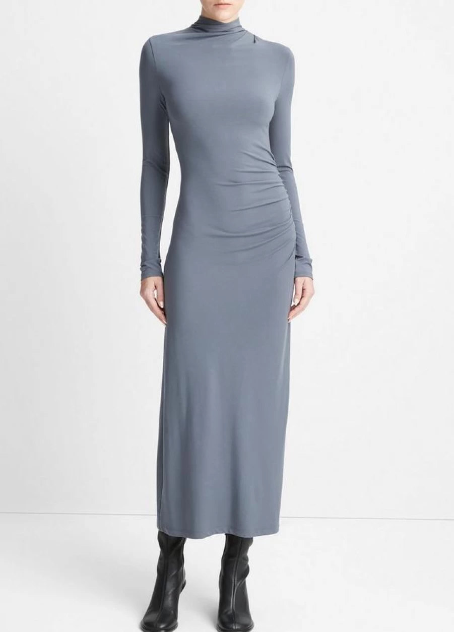 Vince Women's Pacific Azure Long Sleeve Turtle Neck Ruched Bodycon Dress