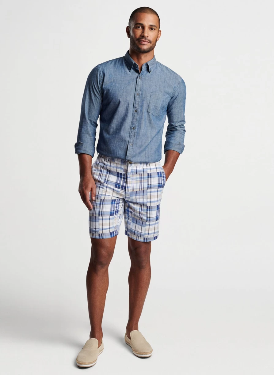 Peter Millar Navy Cabana Madras Cotton Shorts for Men