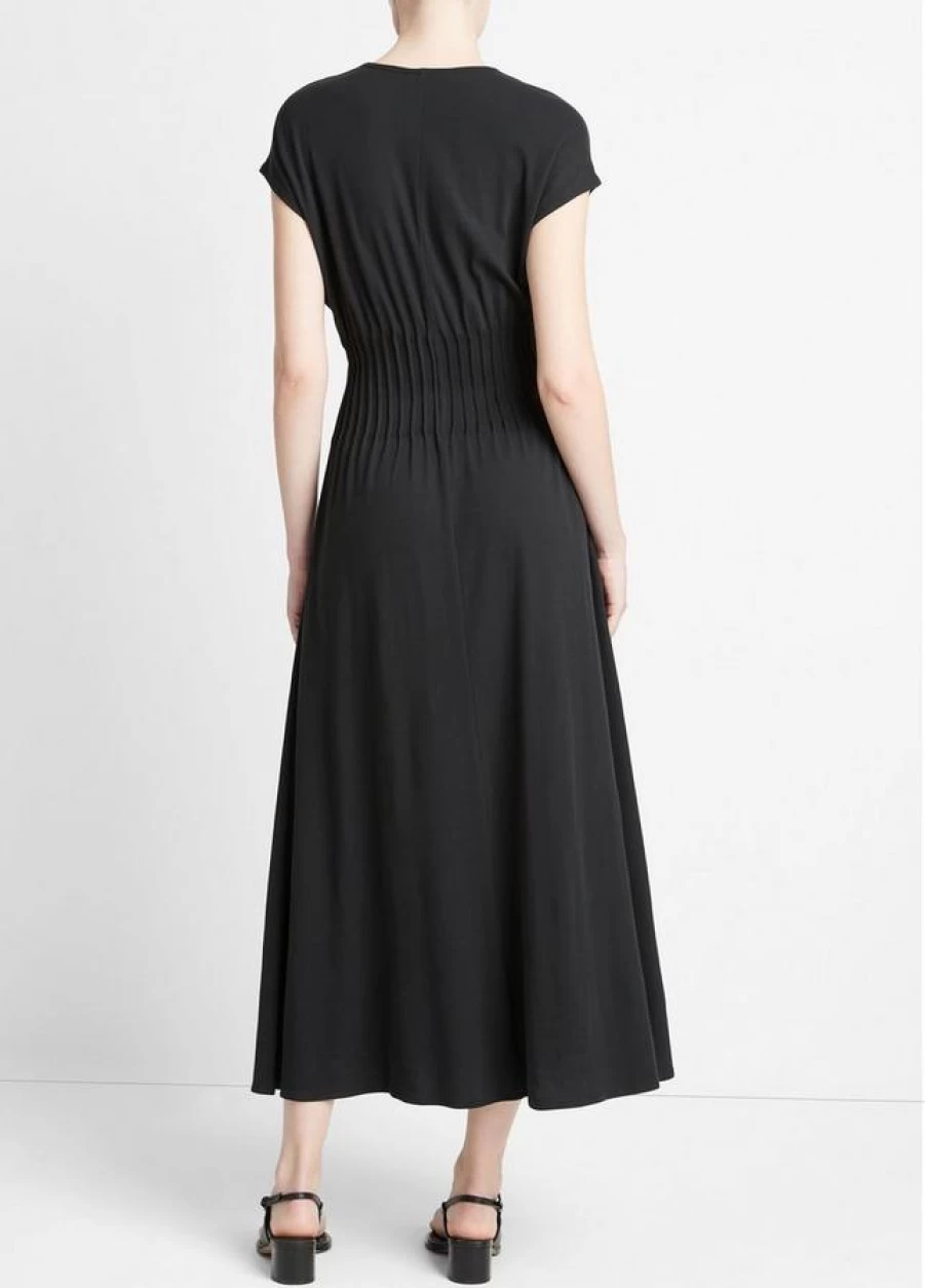 Vince Black Pintuck V-Neck Dress for Women - Elegant & Stylish