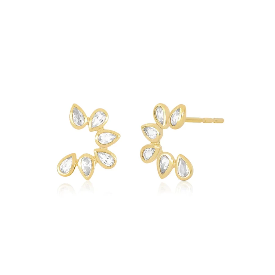 EF Collection Yellow Gold Multi White Quartz Pearl Stud Earrings