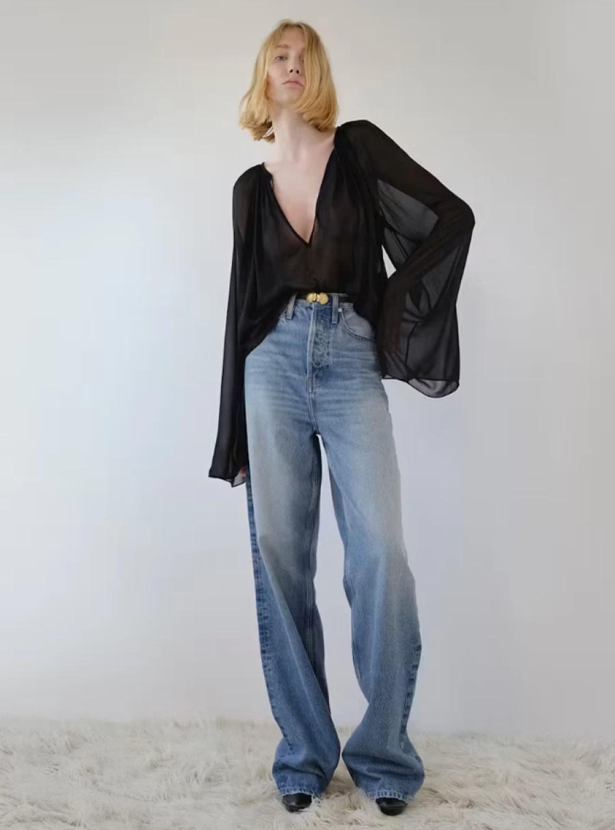 Frame Denim Black V-Neck Shirred Blouse for Women - Elegant Ruffle Detail Tops