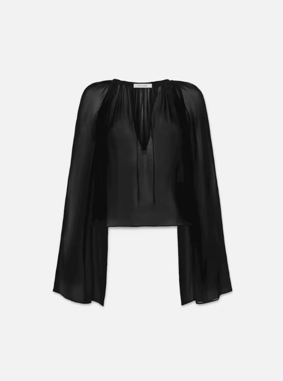 Frame Denim Black V-Neck Shirred Blouse for Women - Elegant Ruffle Detail Tops