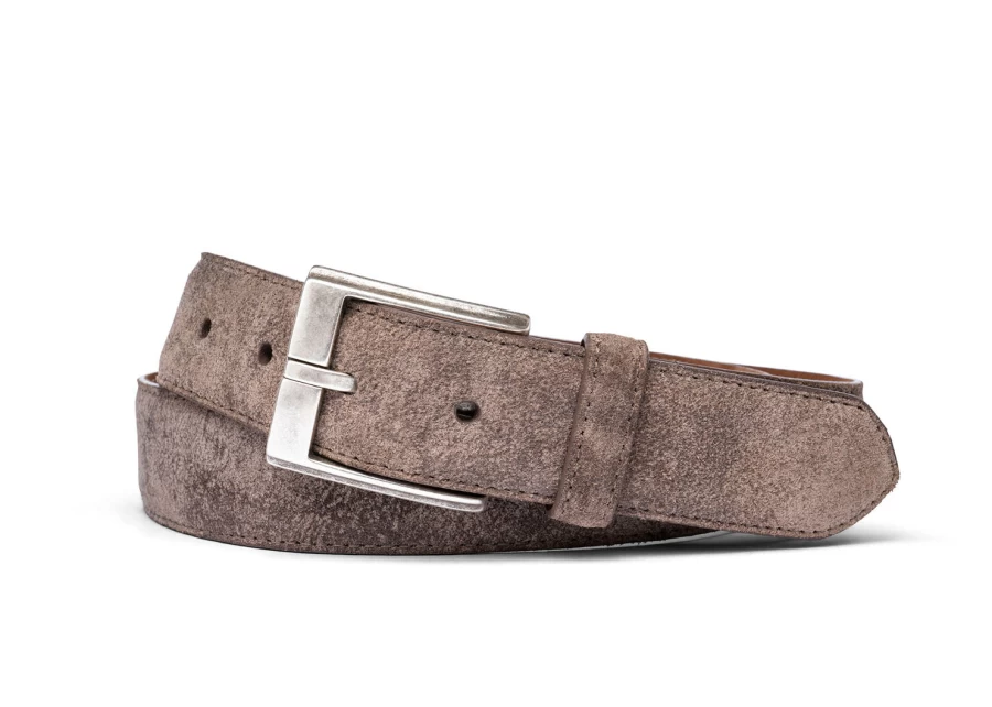 W. Kleinberg Distressed Taupe Suede Belt with Antique Silver Buckle for Men & Women