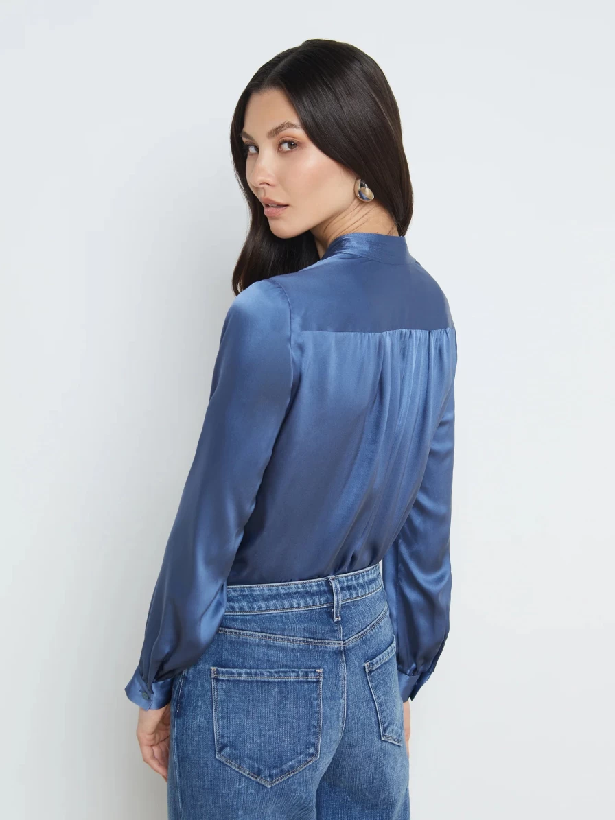 L'Agence Blue Horizon Bianca Band Collar Blouse | Women's Stylish Boutique Top