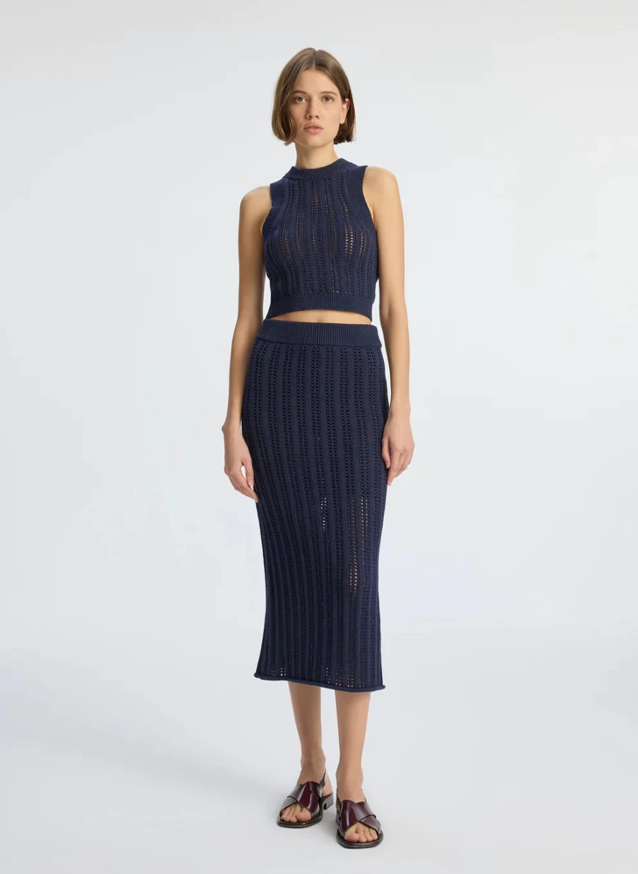 ALC Women's Navy Blue Aurora Pleated Midi Skirt - Elegant Flowy A-Line Design