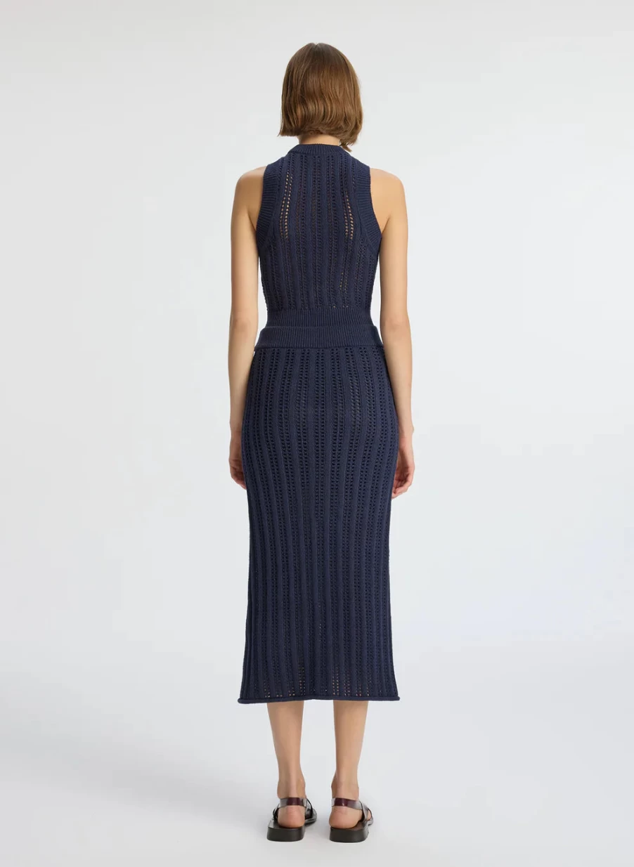 ALC Women's Navy Blue Aurora Pleated Midi Skirt - Elegant Flowy A-Line Design