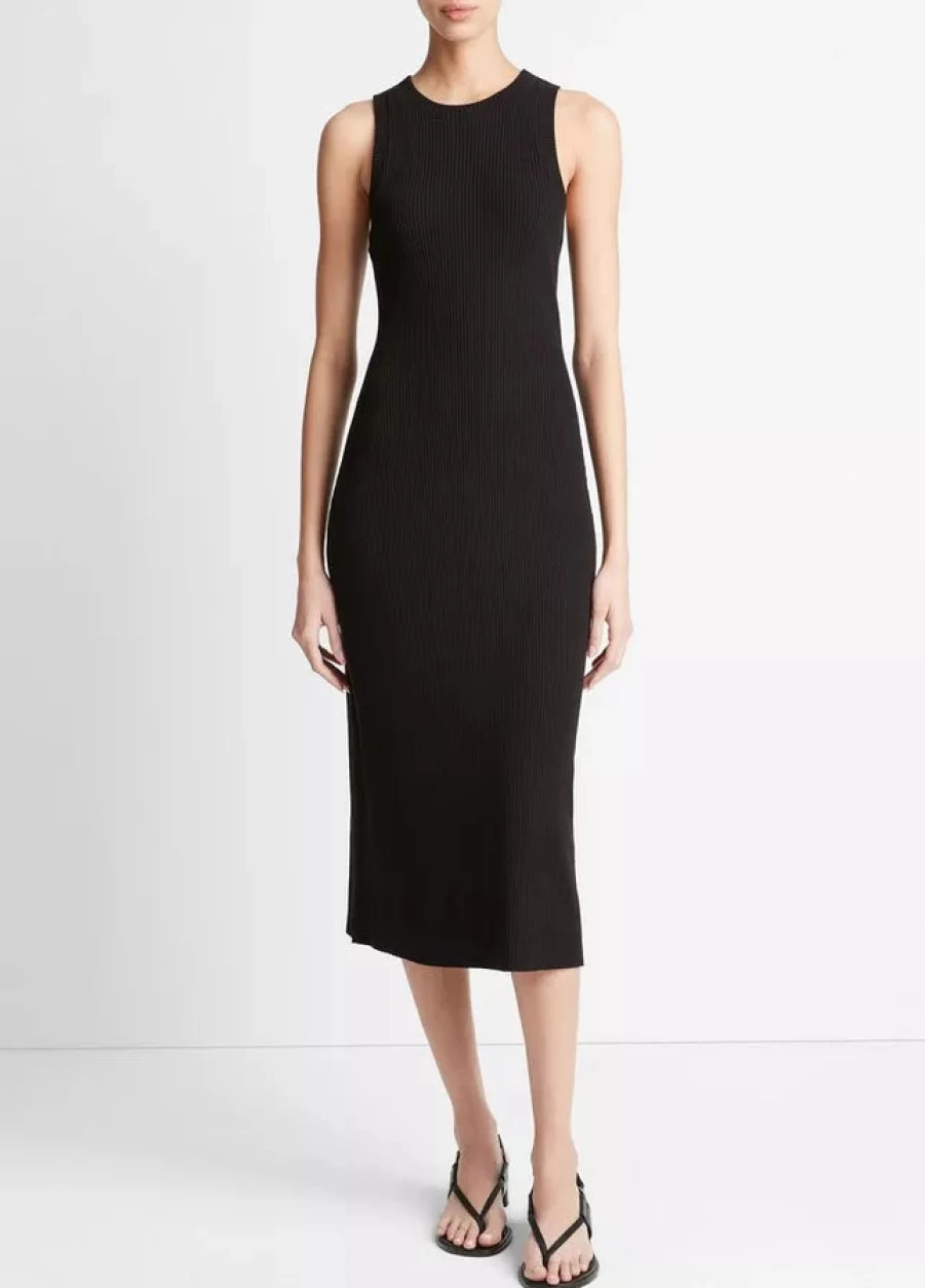 Vince Ribbed High Neck Tank Dress - Women's Slim Fit Stretch Knit Midi Dress