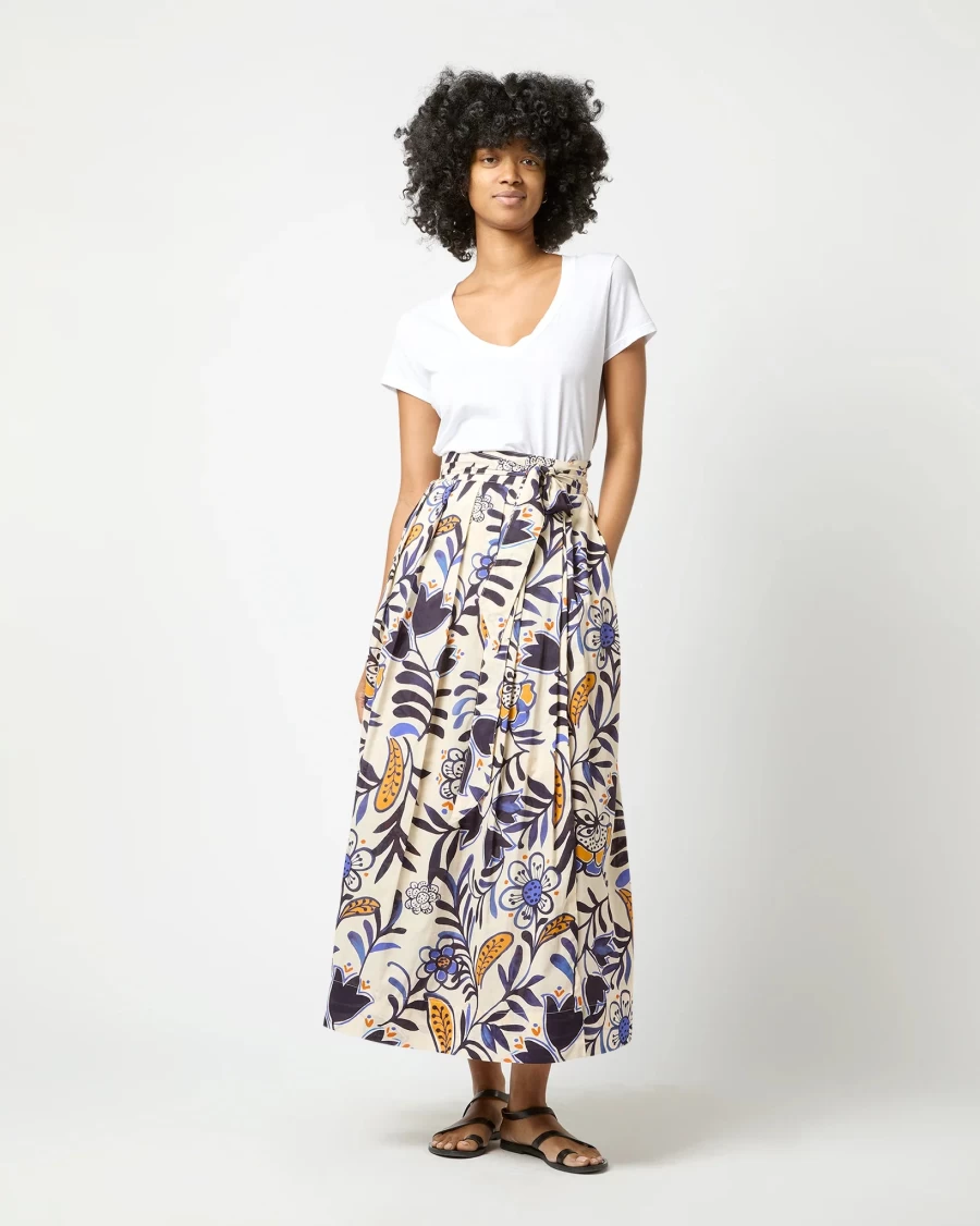 Ann Mashburn Blue & Tangerine Pleated Wrap Midi Skirt - Flowy Knee-Length Style