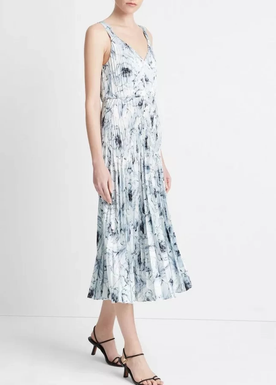 Vince Washed Lilly Pale Azure V-Neck Pleated Slip Dress for Women