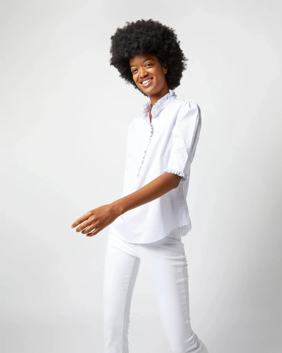 Ann Mashburn Elbow-Sleeve Frill Blouse - Women's Ruffled Shirt with Puffed Sleeves
