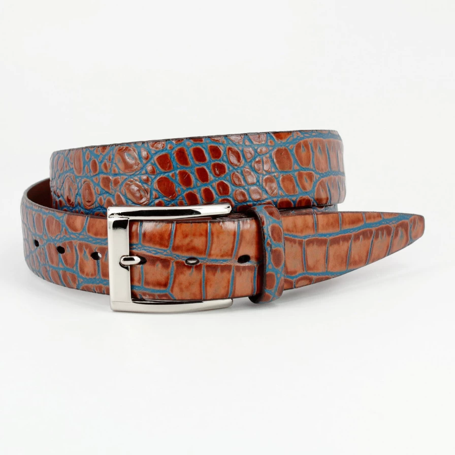"Torino 35mm Italian Bi-Color Tan/Blue Embossed Calf Leather Belt"