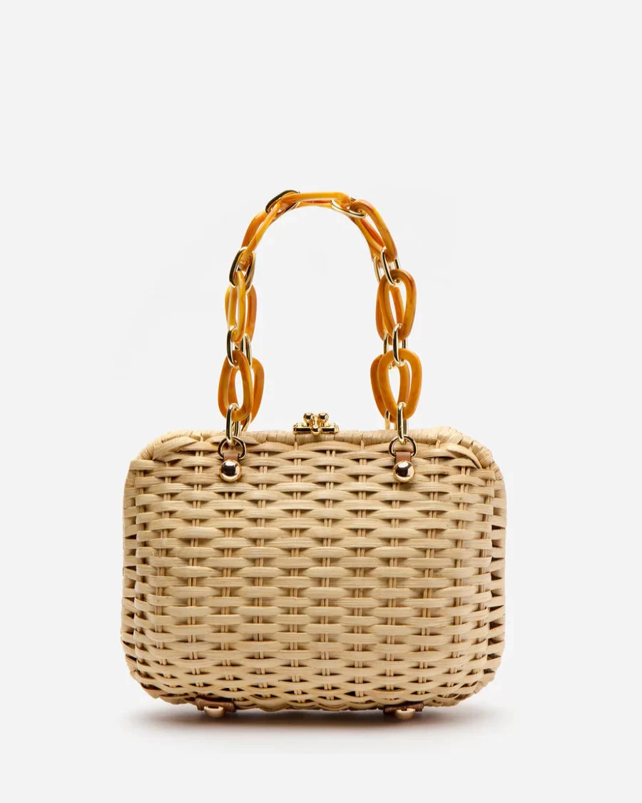 Frances Valentine Peony Print Wicker Handbag with Chain Strap